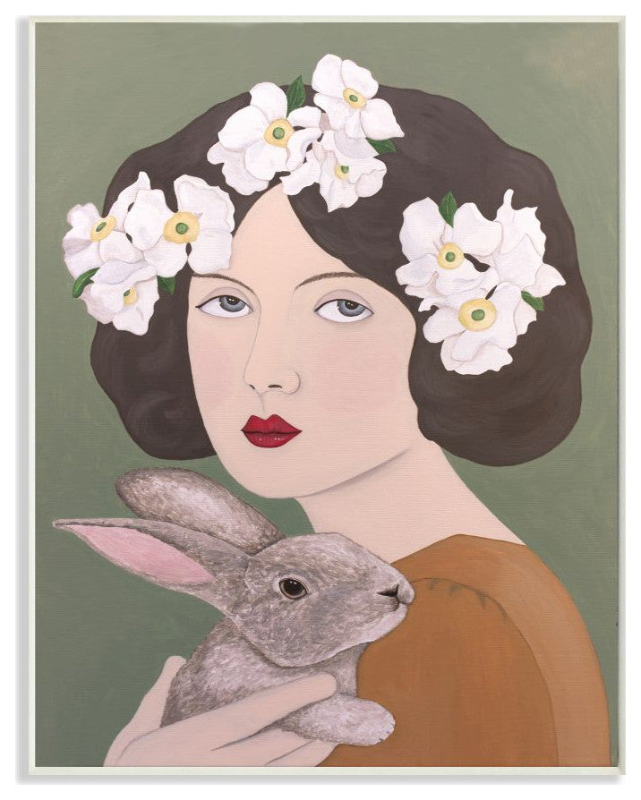 Woman And Rabbit White Flower Animal Painting, 13"x19"