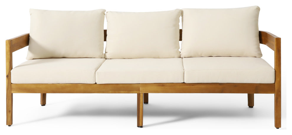 Brooklyn Outdoor Acacia Wood 3 Seater Sofa with Cushions, Teak and Beige
