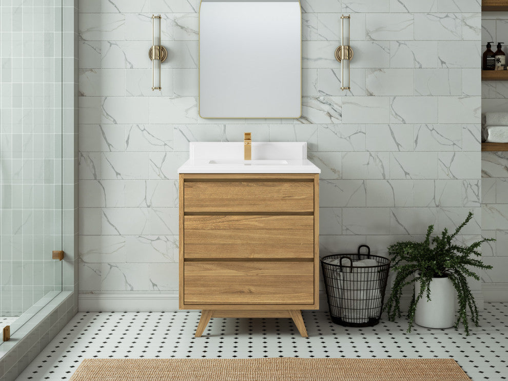 Madison Teak 30 Single Sink Bath Vanity in Light Natural 1.5" White Quartz