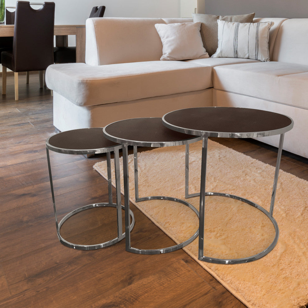 Bronze on Black Metallic Shagreen Leather Set of 3 Nesting Console Tables