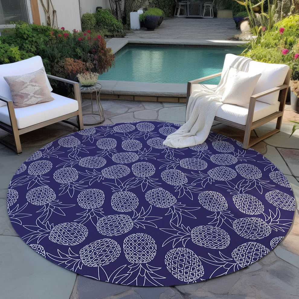 Indoor/Outdoor Kendall KE6 Navy Machine Washable 8' x 8' Round Rug
