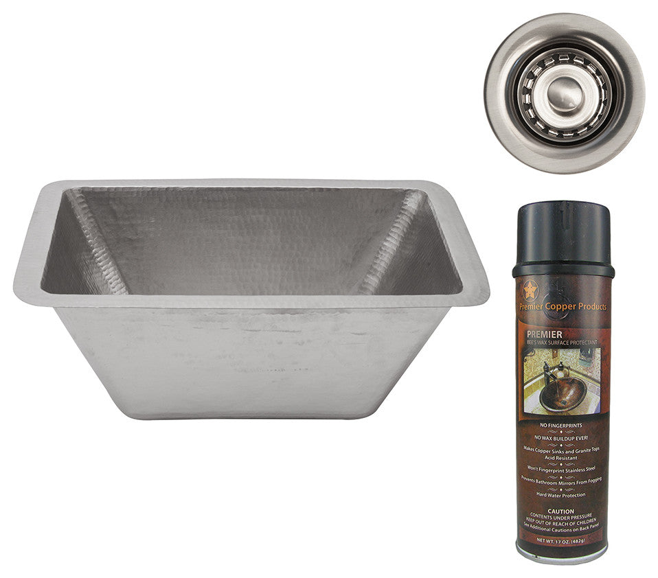 17" Rectangle Copper Bar Sink, Nickel, 2" Drain Opening, Drain & Accessories