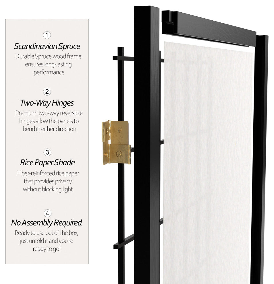 4' Tall Window Pane Shoji Screen, Black, 3 Panels