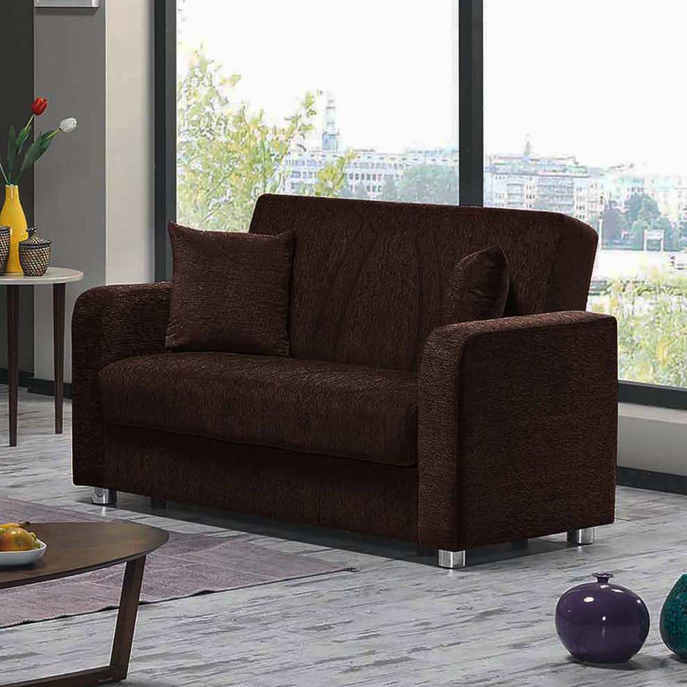Modern Sleeper Loveseat, Chenille Fabric Seat With Matching Pillows, Dark Brown