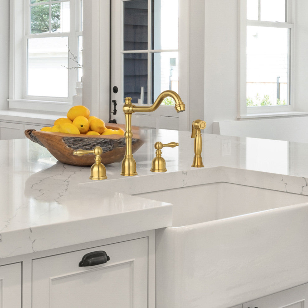 Two-Handles Copper Widespread Kitchen Faucet with Side Sprayer, Brushed Gold