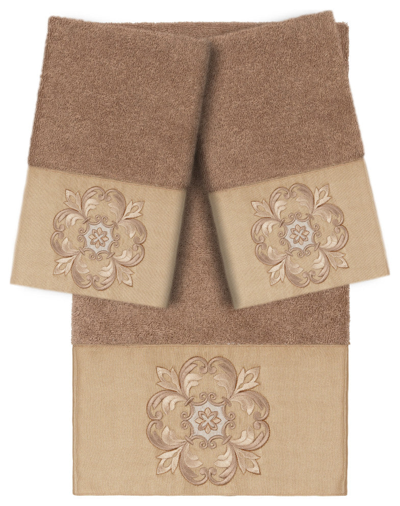 100% Turkish Cotton Alyssa 3-Piece Embellished Towel Set, Latte