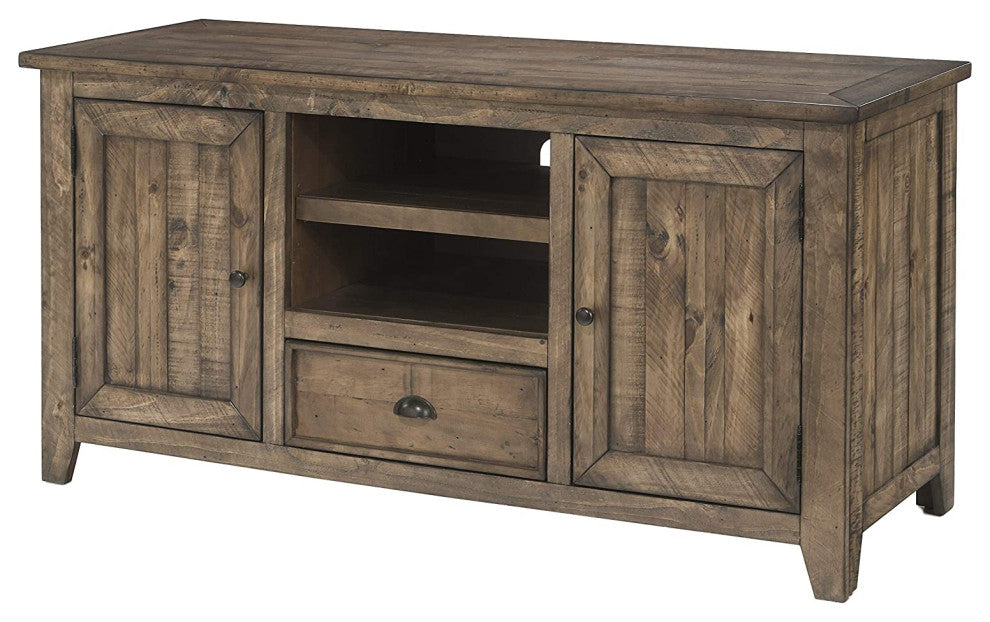 Farmhouse TV Console, Pine Wood Frame With Drawer and Cabinets, Reclaimed Natura
