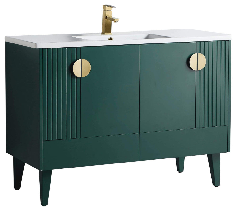 Venezian Single Bathroom Vanity, Green, 48", Satin Brass Handles, One Sink