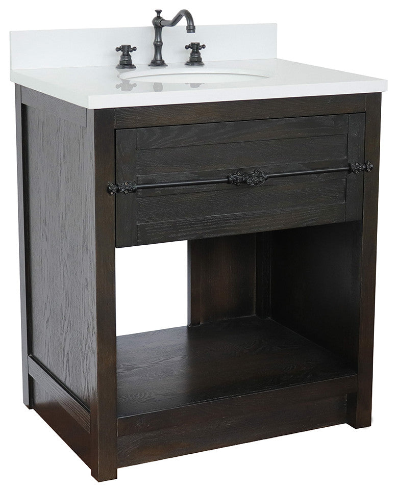 30" Single Vanity, Brown Ash, White Engineered Stone Top, Oval Sink
