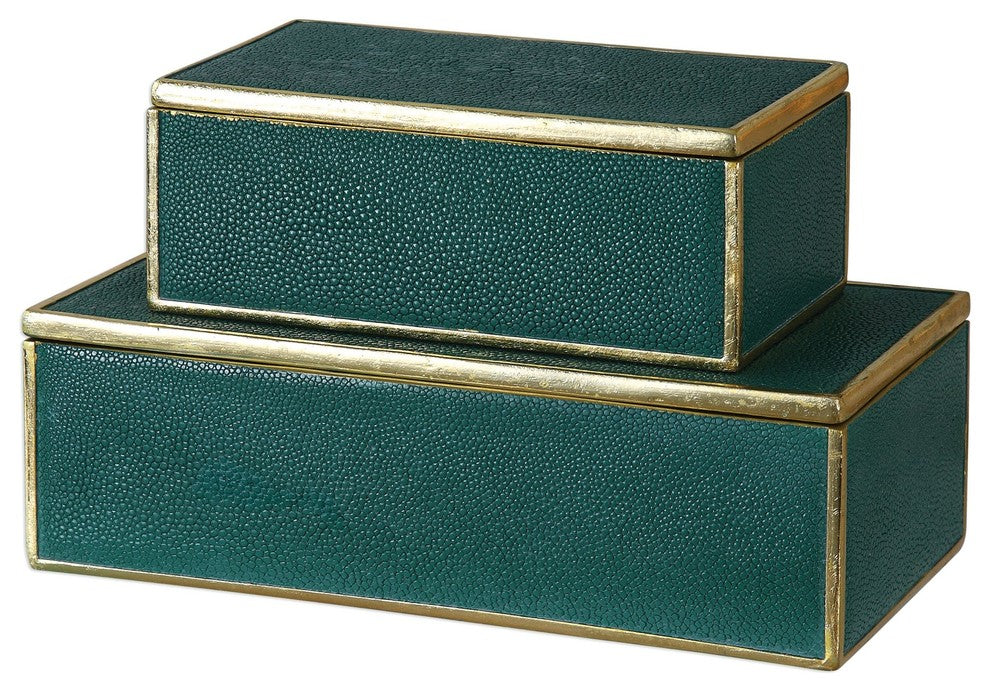 Malachite Green Gold Lidded Box 2-Piece Set, Trinket Gift Emerald