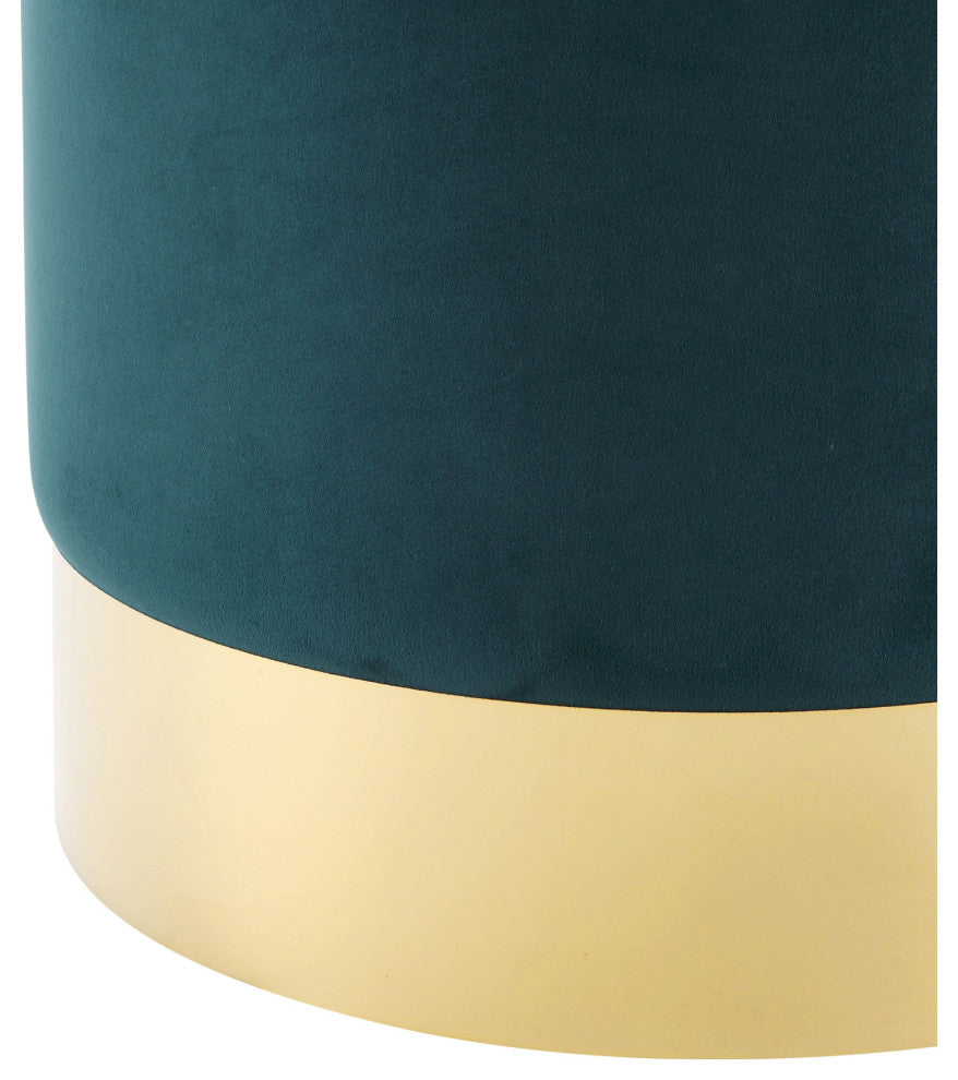 Madelyn Velvet Round Ottoman With Metal Base, Emerald/Gold