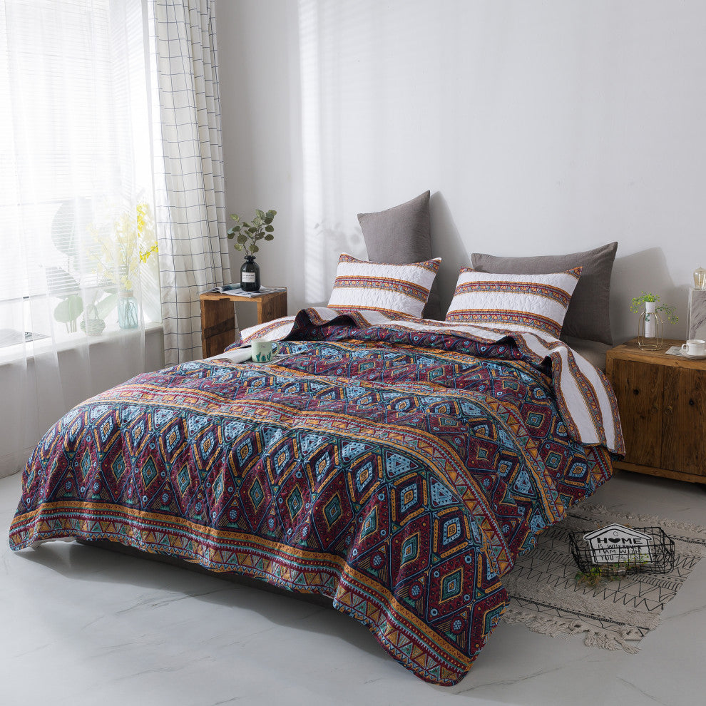 Southwestern Aztec Bohemian Desert Tribal Diamond Colorful Quilted Bedspread Set