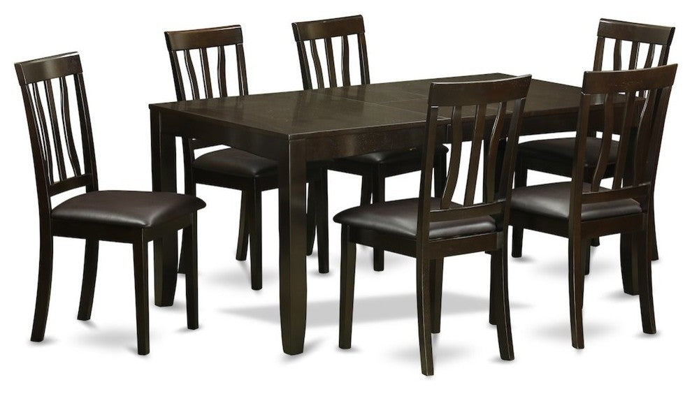 7-Piece Dining Room Set, Table With Leaf and 6 Chairs With Leather Cushion