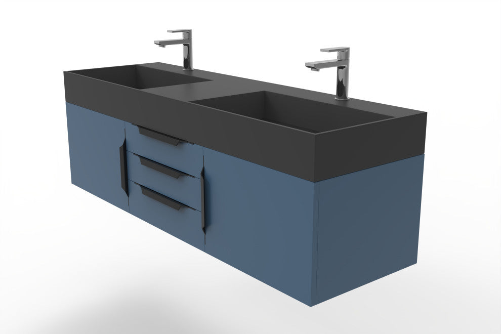 CastelloUSA Amazon 60" Wall Mounted Bathroom Vanity Set, Blue, Black Top, Black Handles
