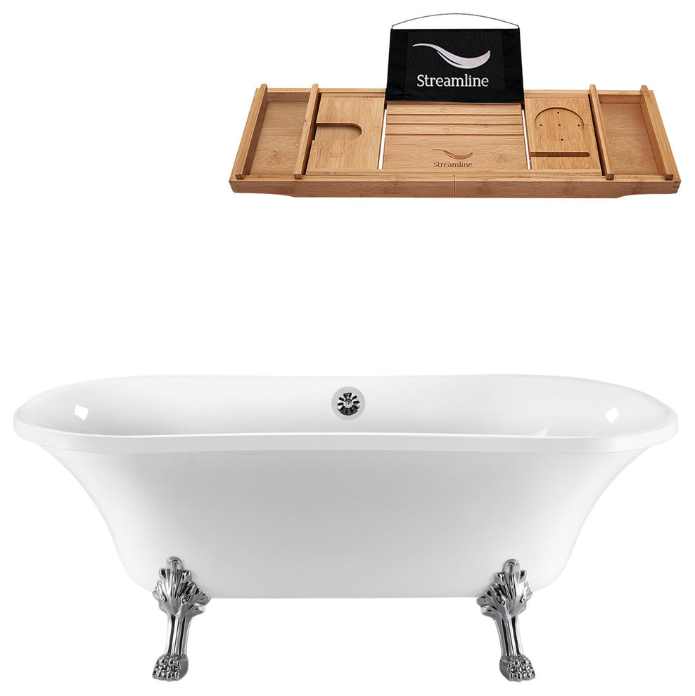 68" White Clawfoot Tub and Tray, Chrome Feet, Chrome External Drain