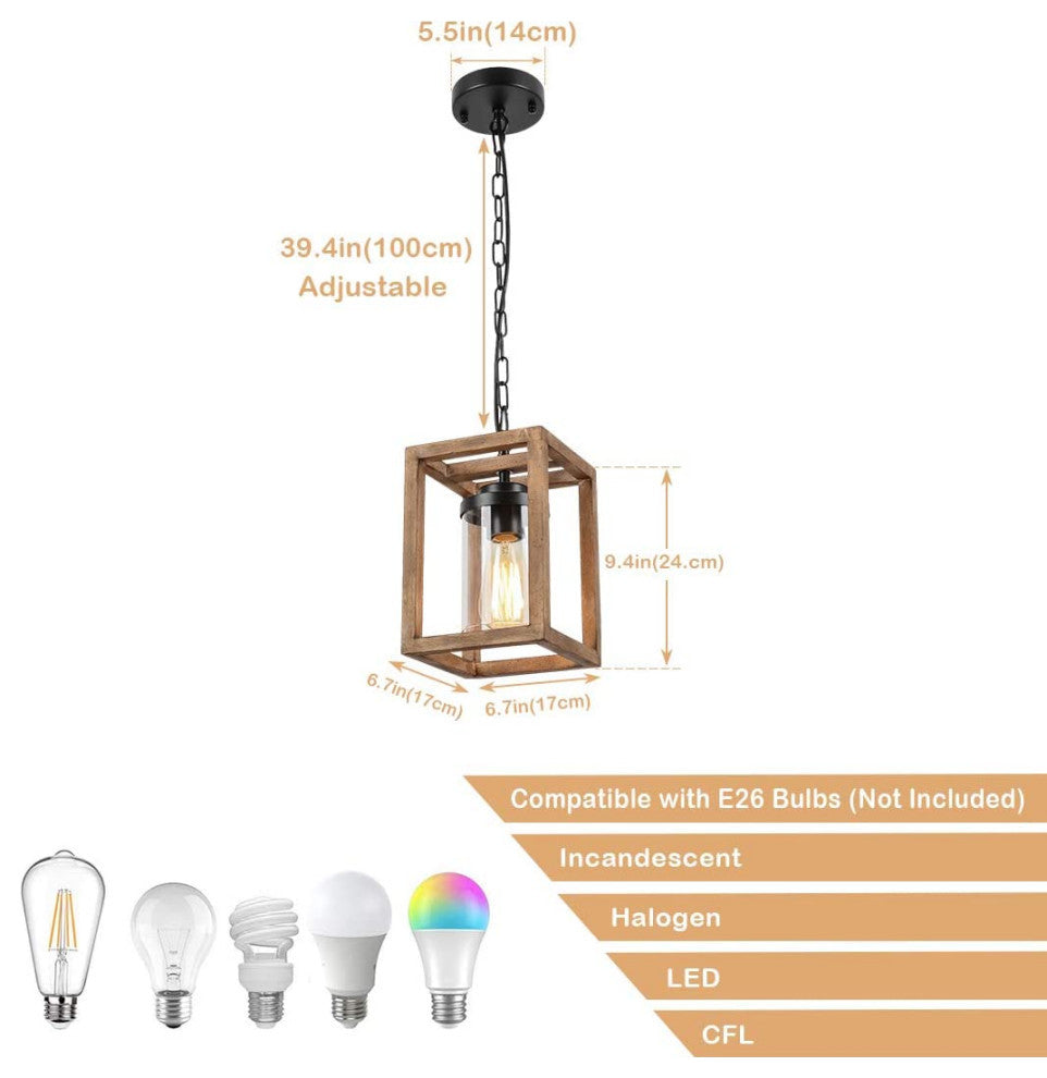 Wooden Square Pendant Lighting Fixtures Cage Swag Hanging Chandelier