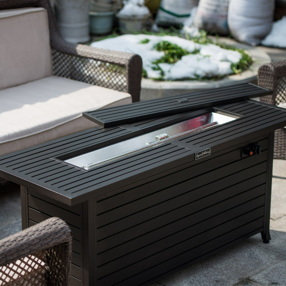 Rectangular Steel Outdoor Fire Pit Table with Control Panels, Dark Bro