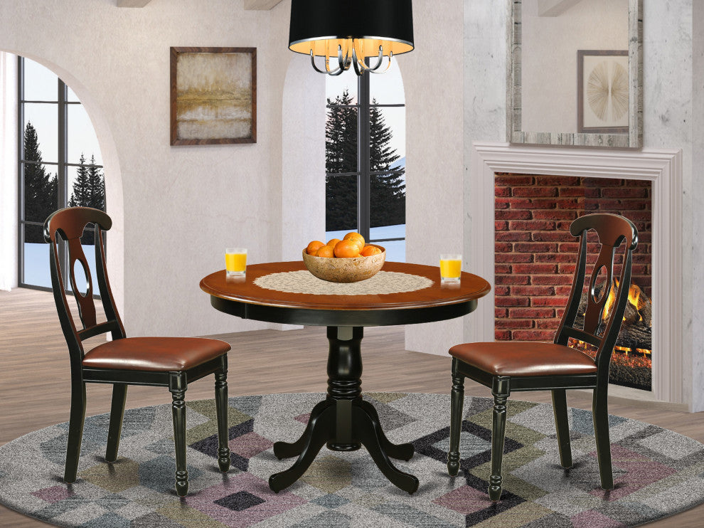3 Pc Set, Round Dinette Table And 2 Leather Kitchen Chairs, White, Black
