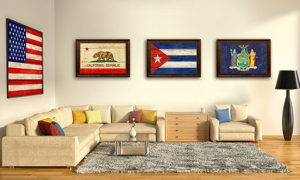 Cuba Country Textured Flag Print With Brown Gold Frame, 19"X27"
