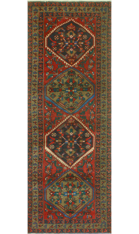 Fine Vintage Distressed Nooman Red/Navy Runner, 3'10 x 11'6