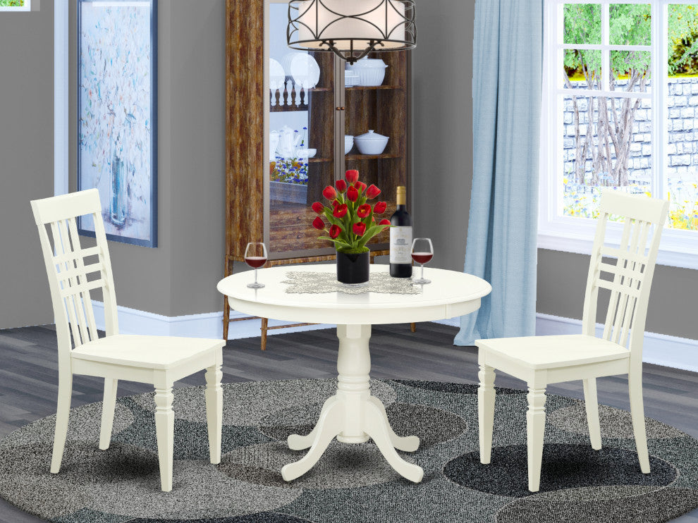 3 Pc Set With A Round Small Table And 2 Wood Dinette Chairs, Linen White