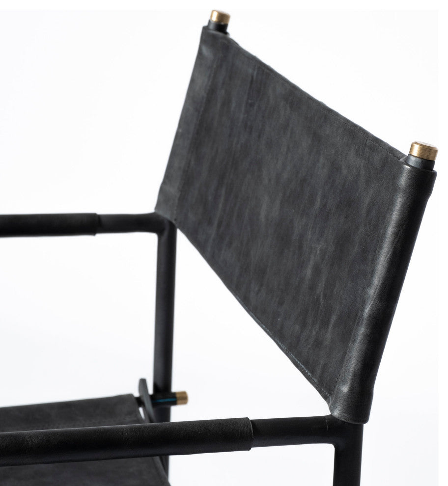 Direttore Black Genuine Leather With Black Metal Folding Frame Dining Chair