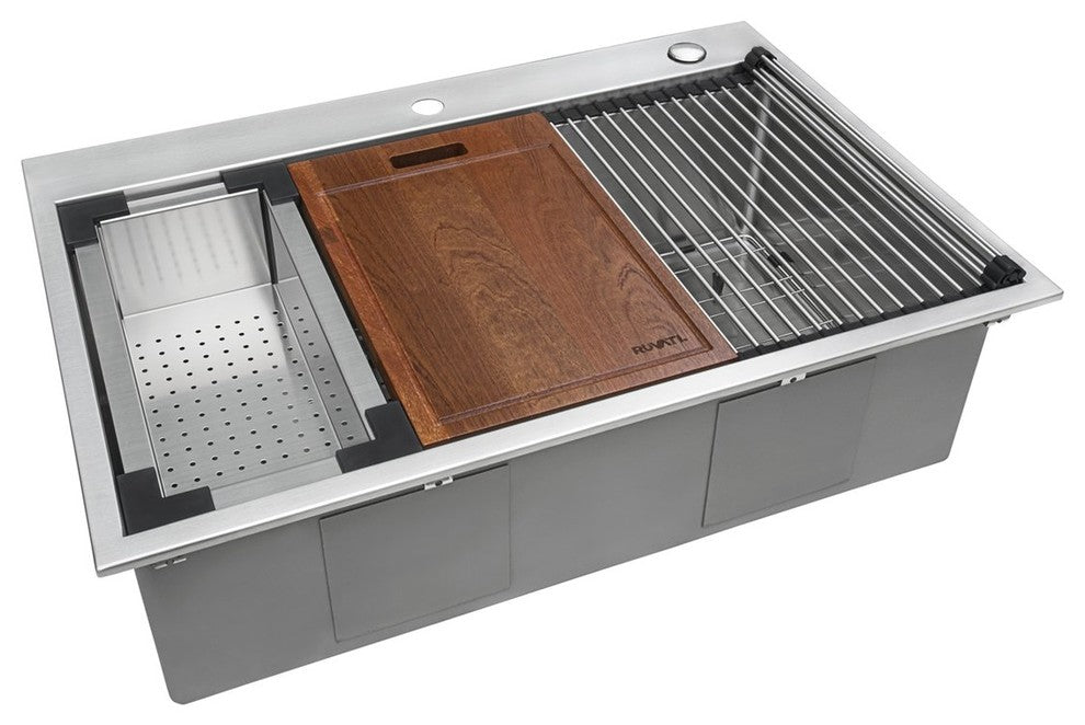 Ruvati 33" Workstation Drop-in Stainless Steel Kitchen Sink, RVH8003
