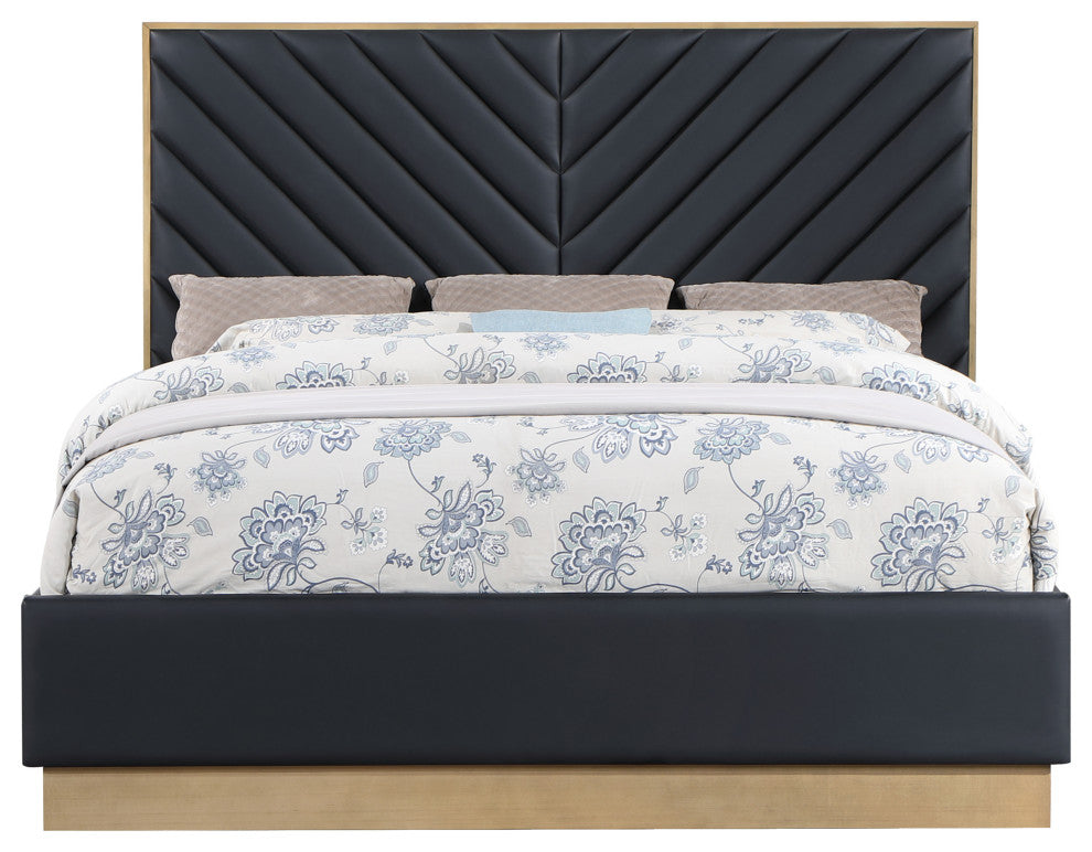 Casa Black Faux Leather King Bed, Black, Queen