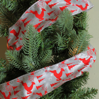 Silver & Red Reindeer Wired Christmas Craft Ribbon