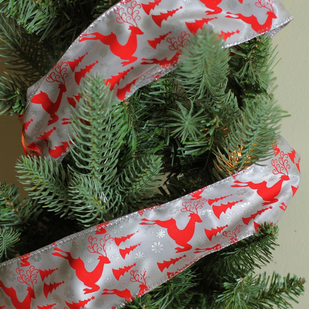 Silver & Red Reindeer Wired Christmas Craft Ribbon