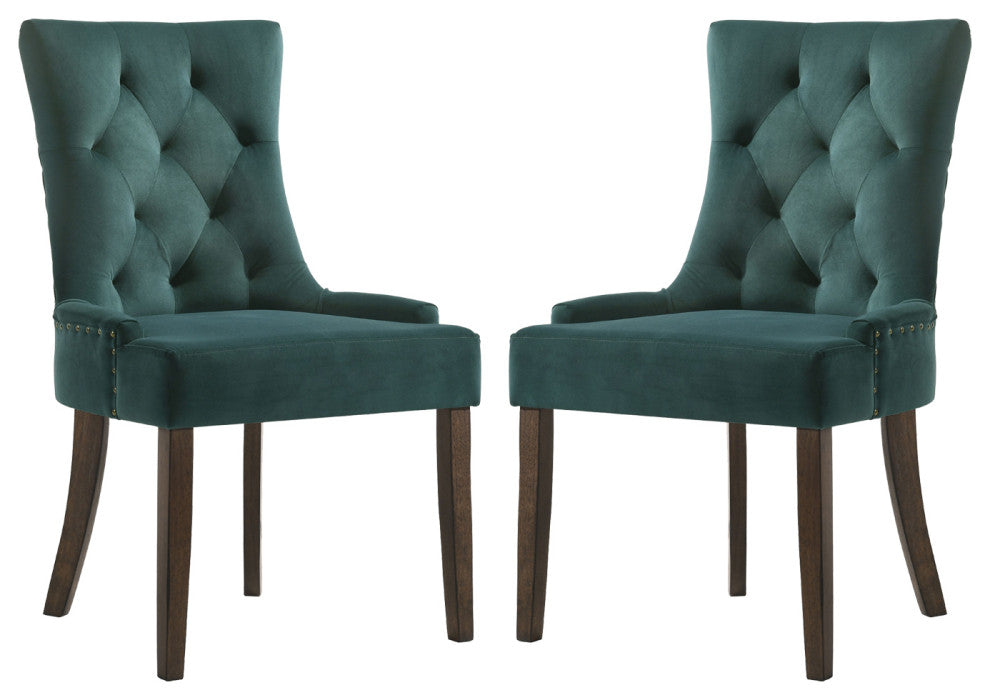Set of 2 Green Velvet Side Chair, Espresso Finish