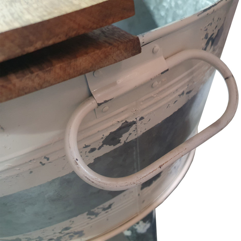 26" Accent Round Cocktail Table Tub Like Iron Base Brown Gray Washed White