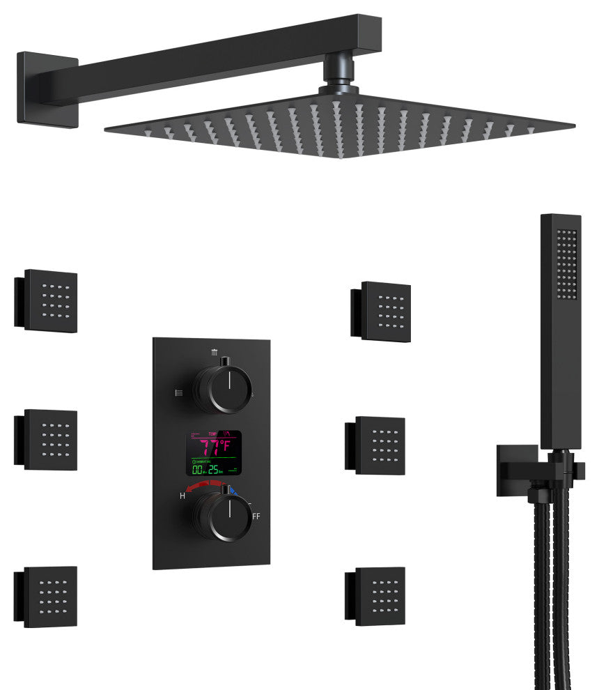 LED Temperature Digital Display Shower System With Body Jets, Matte Black, 12 Inches