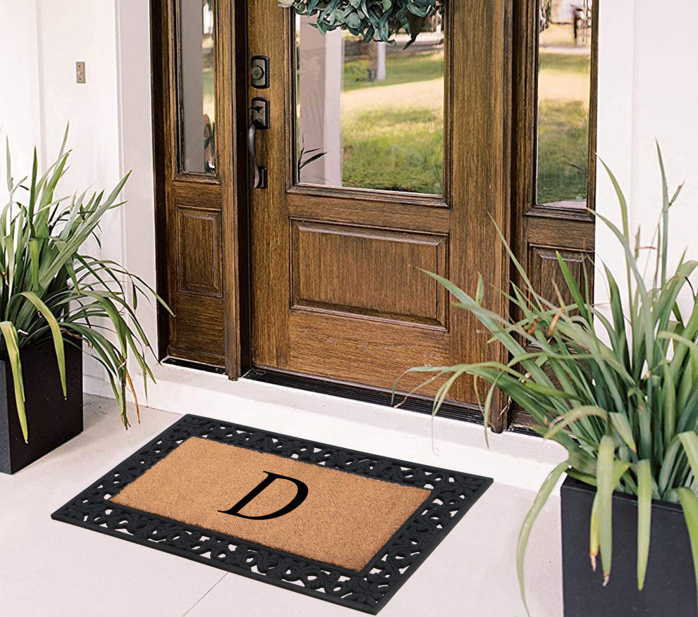 A1HC Rubber & Coir Floral Outdoor Durable Monogram Doormat 18"x30", Black, D