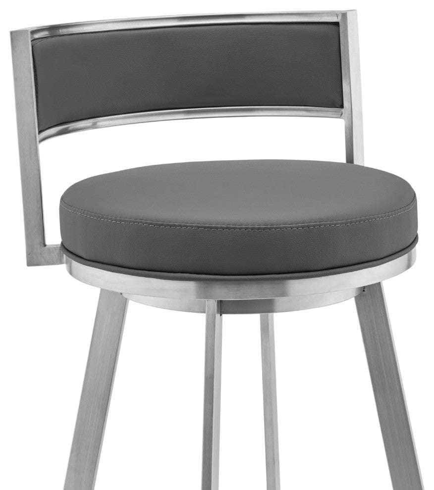 Roman 26" Gray Faux Leather and Brushed Stainless Steel Swivel Bar Stool