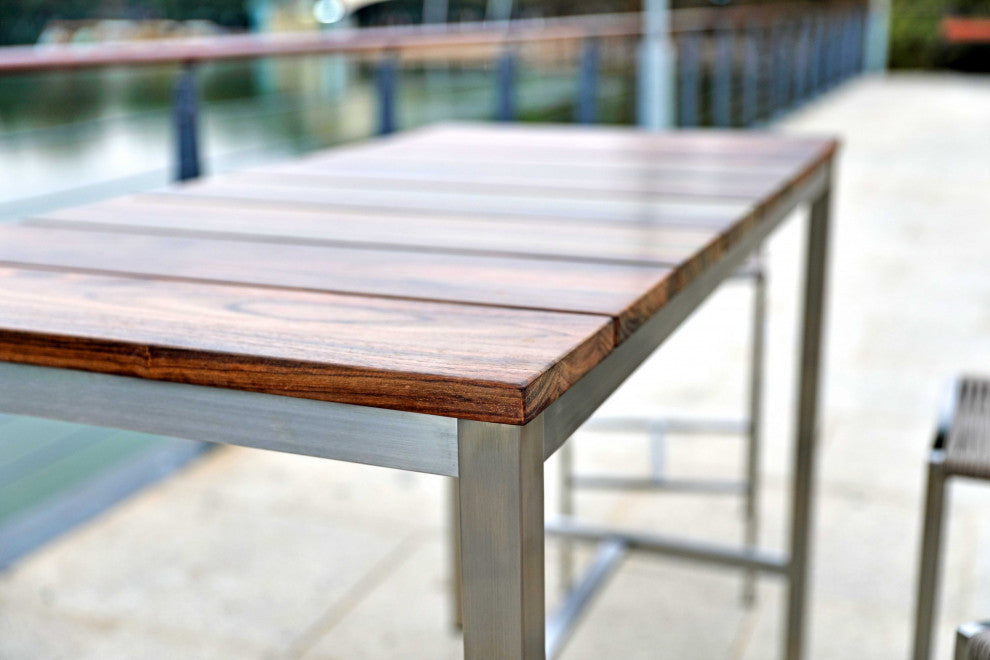 HomeRoots 55" X 27" X 42" Teak Wood and Stainless Steel Bar Table