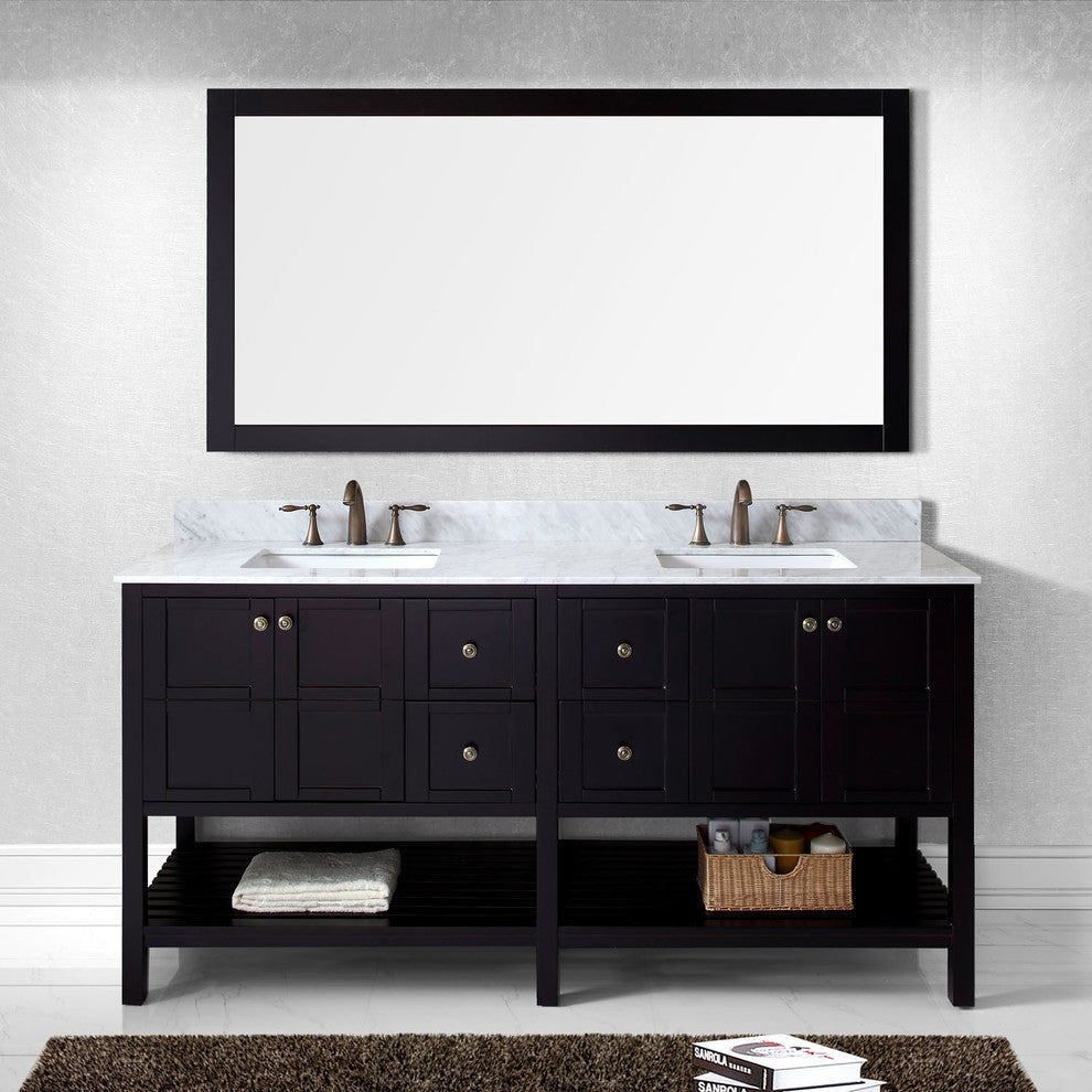 Virtu Winterfell 72" Double Bathroom Vanity, Espresso With Faucet and Mirror