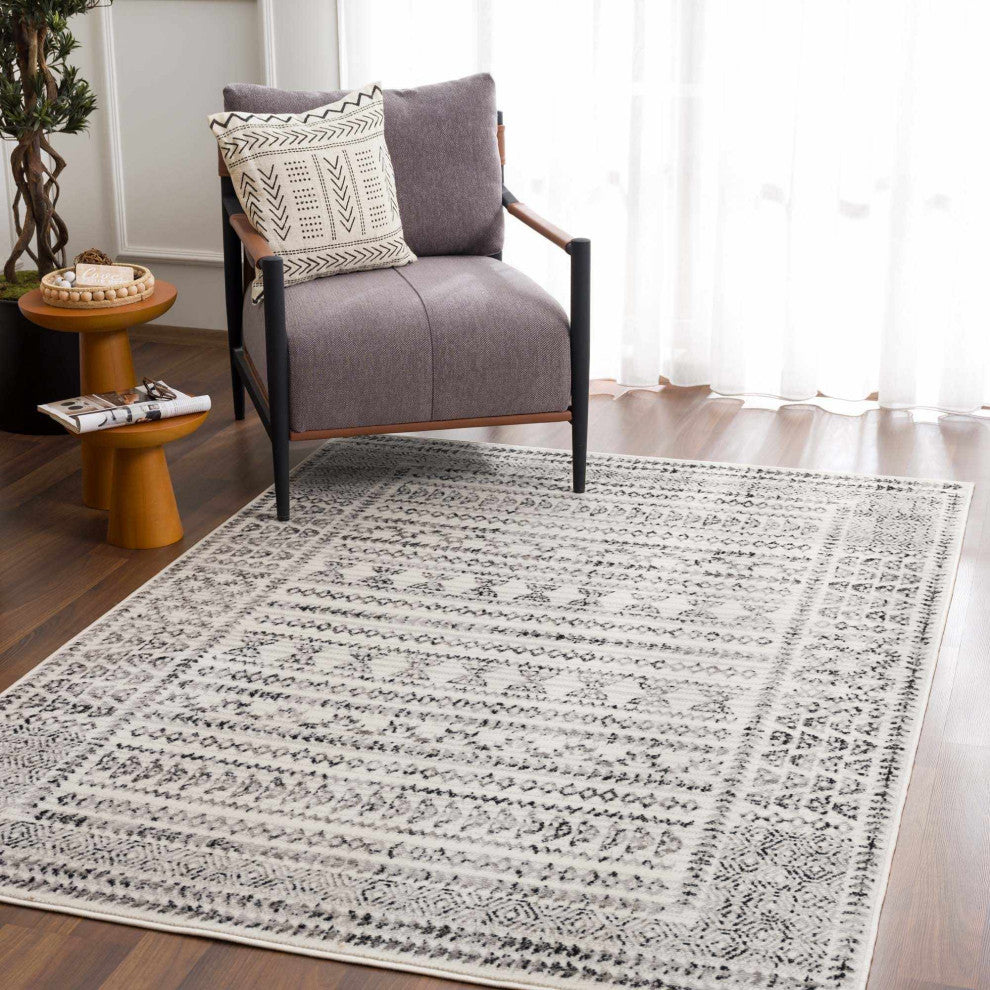 Hauteloom Greig Area Rug, Black/Charcoal/Light Gray, 6'7" Round