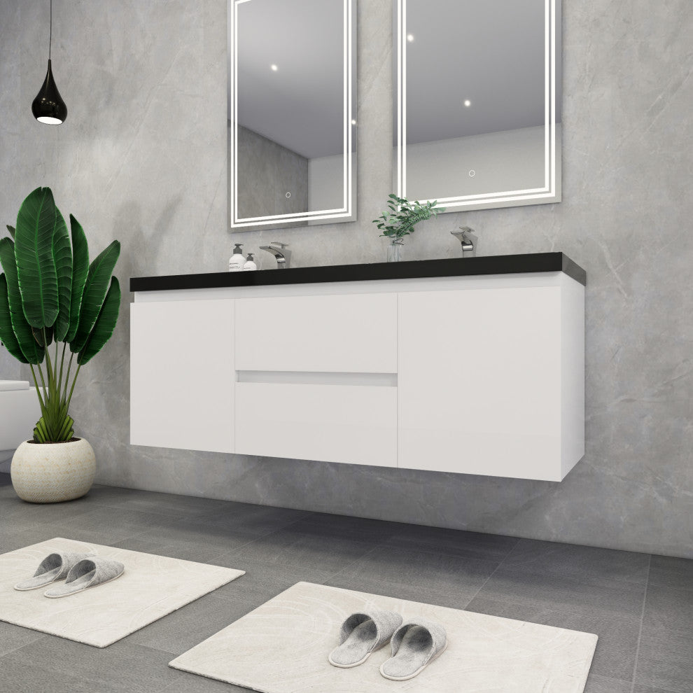 Belli 60" Double Sink Wall Mount Vanity Set, High Gloss White, Matt Black Top