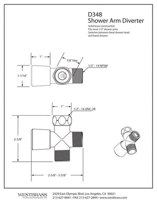 Shower Arm 1/2" IPS Diverter Valve, Polished Brass