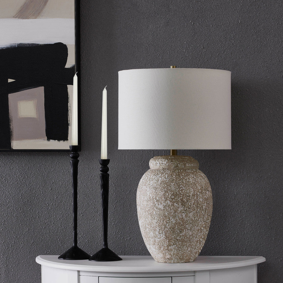Wassily Cream Ceramic Table Lamp With Off-White Linen Shade
