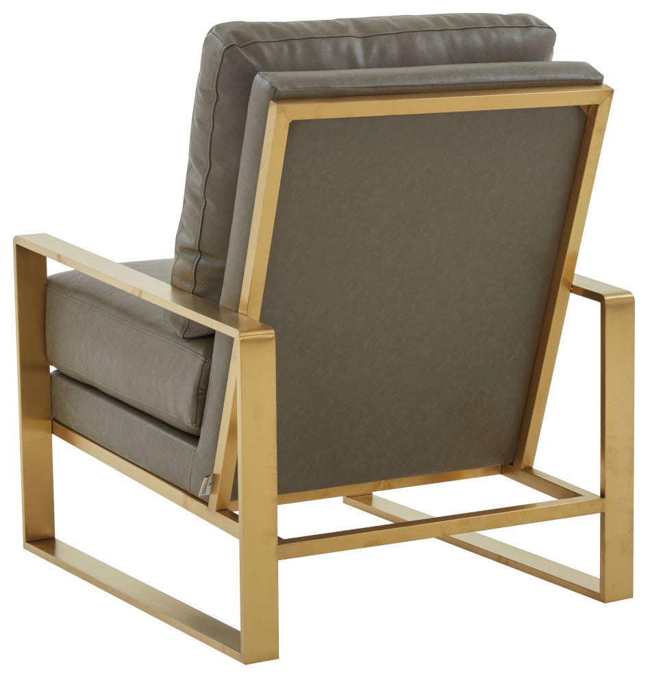 LeisureMod Jefferson Faux Leather Accent Armchair With Gold Frame, Grey