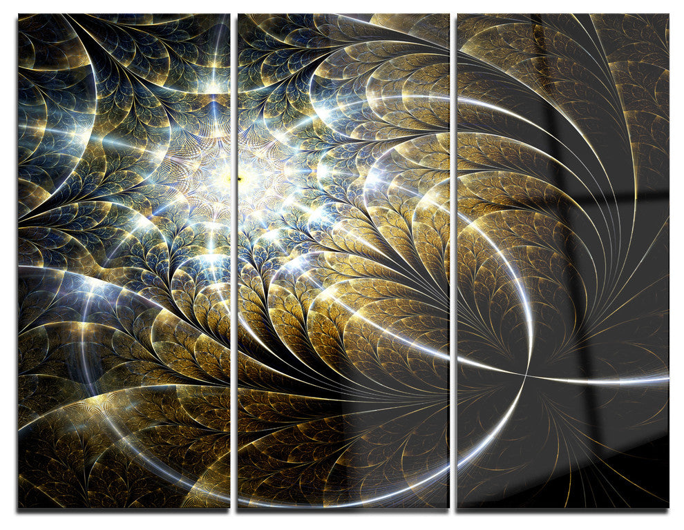 "Symmetrical Dark Golden Fractal Flower" Metal Wall Art, 3 Panels, 36"x28"