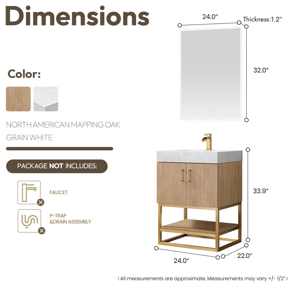 Alistair Vanity, North American Oak With Countertop, 24", With Mirror