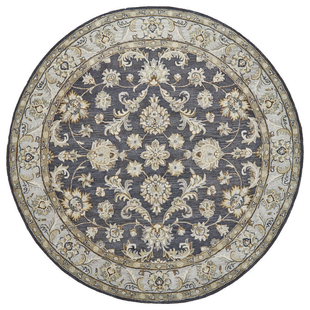 Weave & Wander Botticino Traditional Persian Wool Rug, Charcoal, 10' Round