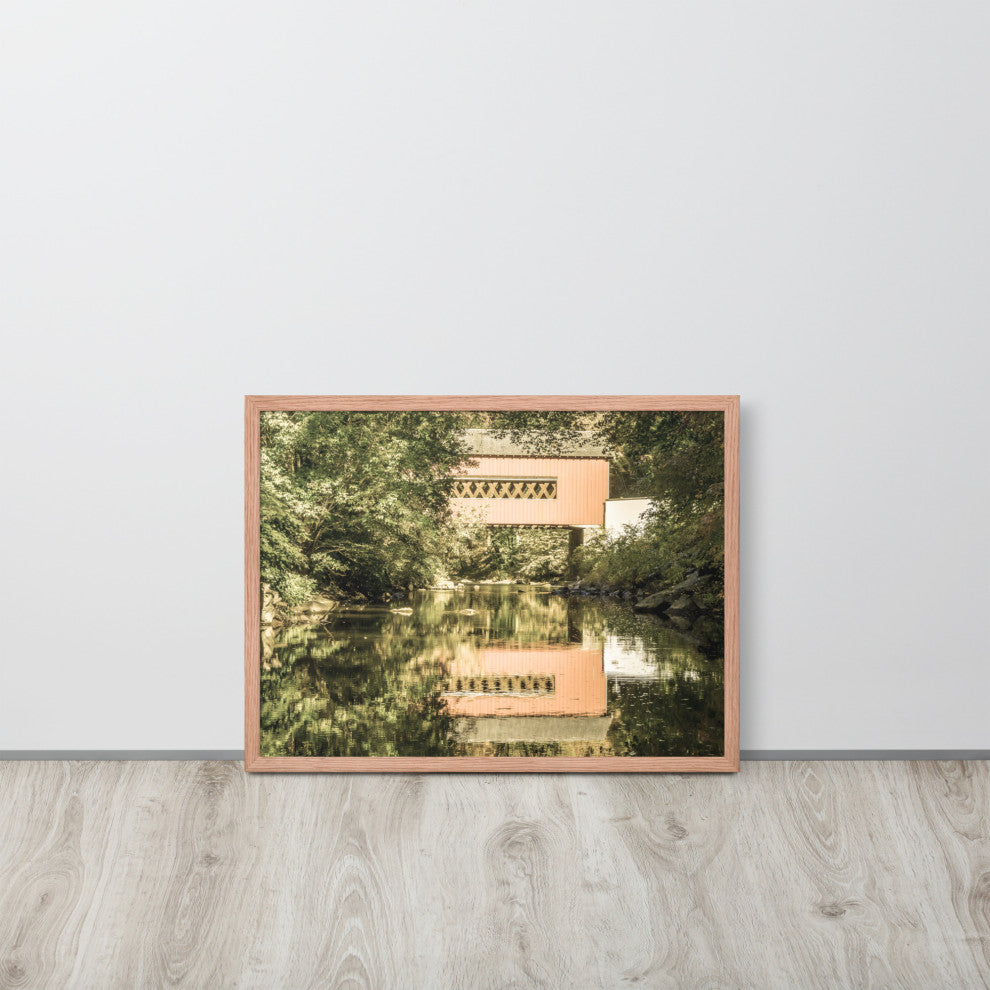 The Reflections of Wooddale Covered Bridge Aged Framed Photo Wall Art Print, Red Oak, 18" X 24"