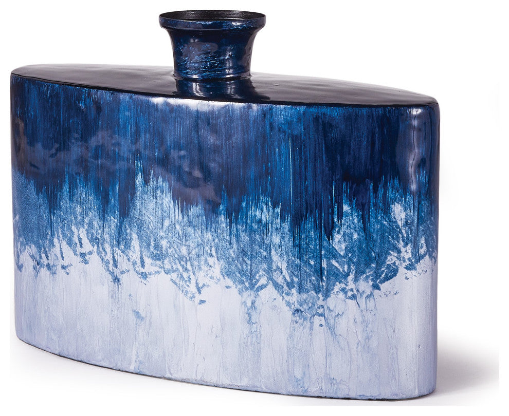 Enameled Modern Blue Iron Flat Flask Vase Ombre Bottle Contemporary Coastal