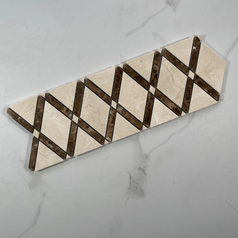 Crema Marfil Marble Lattice Diamond Mosaic Border Listello Tile Polish, 1 sheet