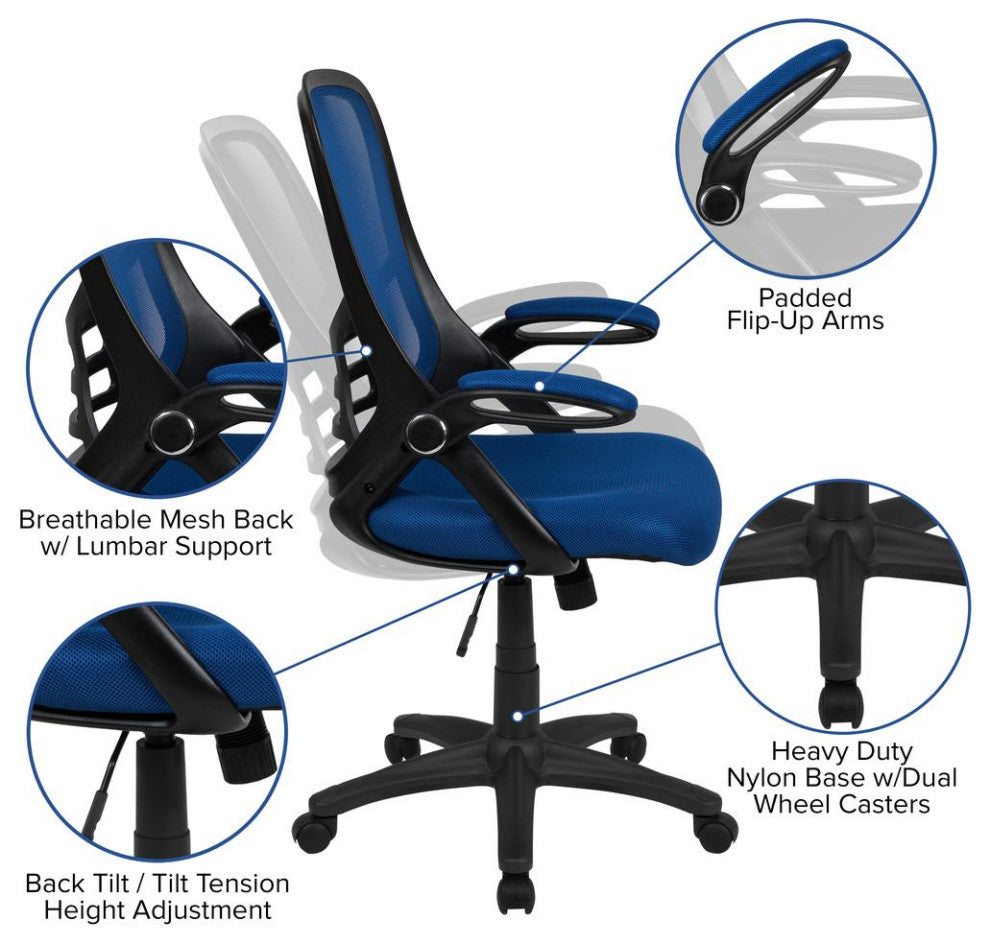 High Back Mesh Swivel Office Chair With Flip-up Arms, Blue