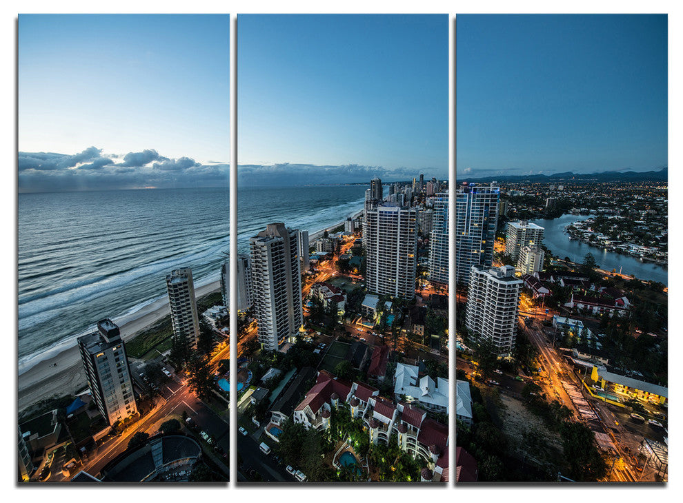 "Brisbane Skyscrapers and Sea Aerial View" Metal Wall Art, 3 Panels, 36"x28"